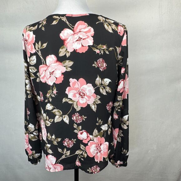 Guess Women Top Sz M Black Red Floral Print VNeck Front Waist Tie Cuffed Sleeves - Picture 5 of 9